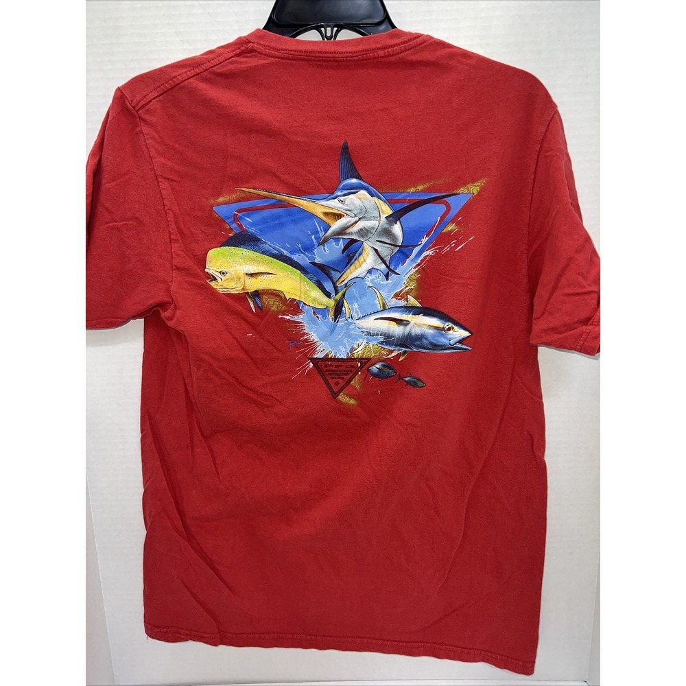 Columbia T Shirt Men's medium Red Short Sleeve Fish - Picture 3 of 4